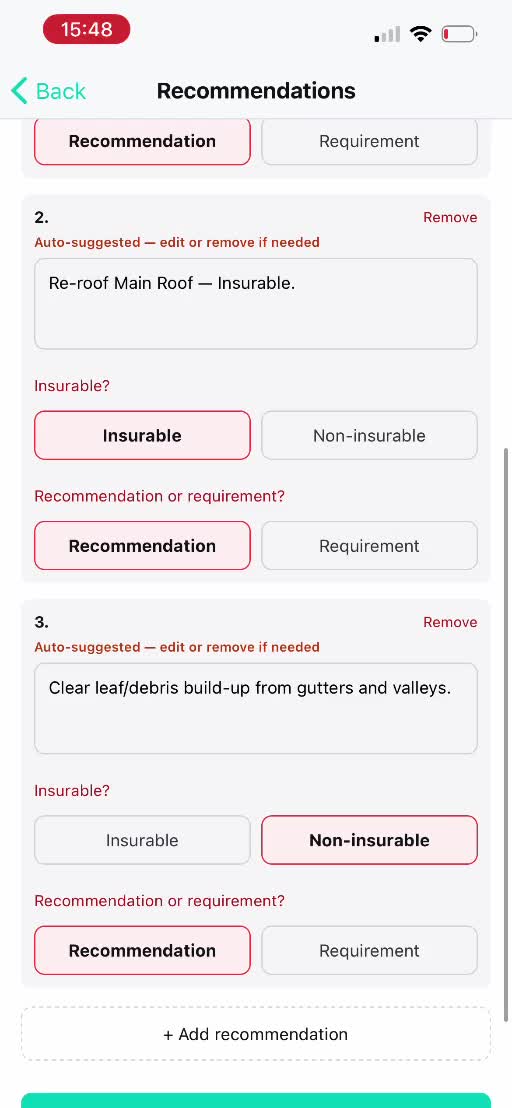 RoofFindings recommendations and requirements screen